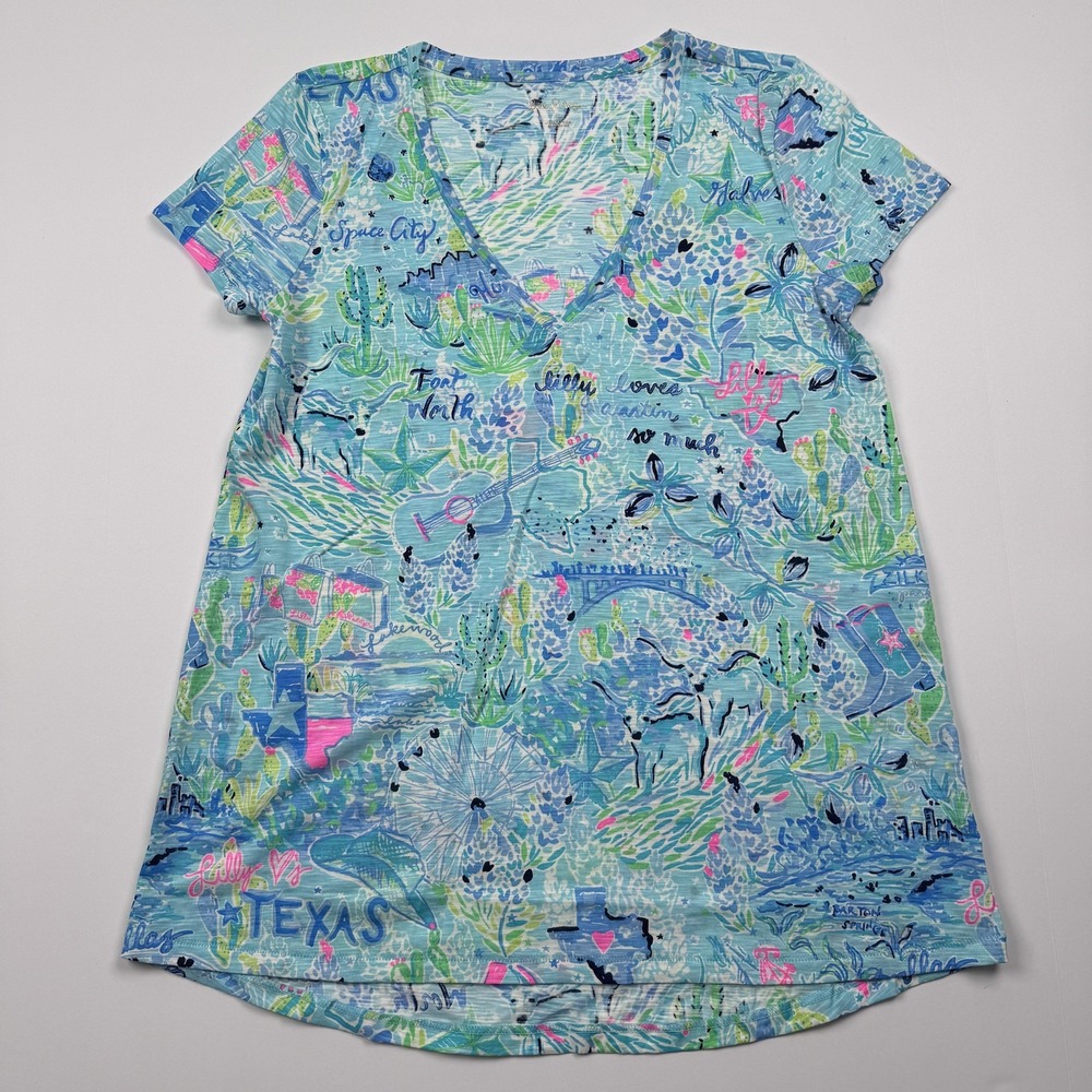 Lilly Pulitzer Shirt Womens Small Blue Texas Print V Neck Short Sleeve Tunic